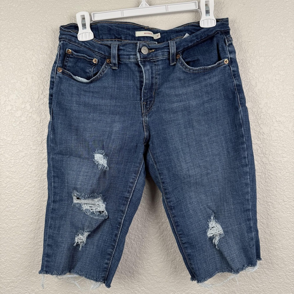 Levi's Denim Shorts Womens 27 (29x13) Blue Boyfriend Distressed Raw Hem Bermuda
